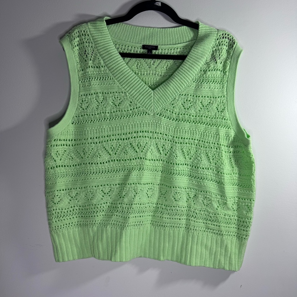 Talbots Plus Lime Green Pointelle Knit Sweater Vest XL Cotton V Neck